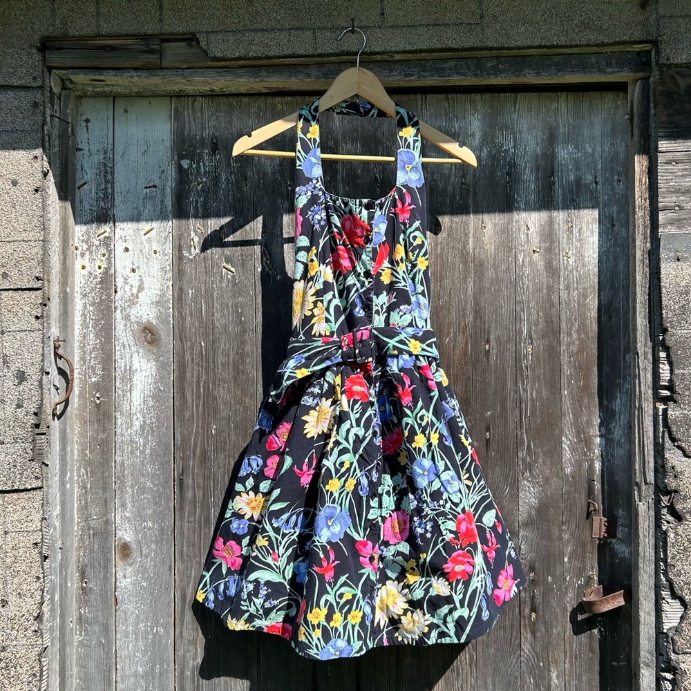 Vintage 80s 90s Floral Print Halter Neck Cotton Dress
